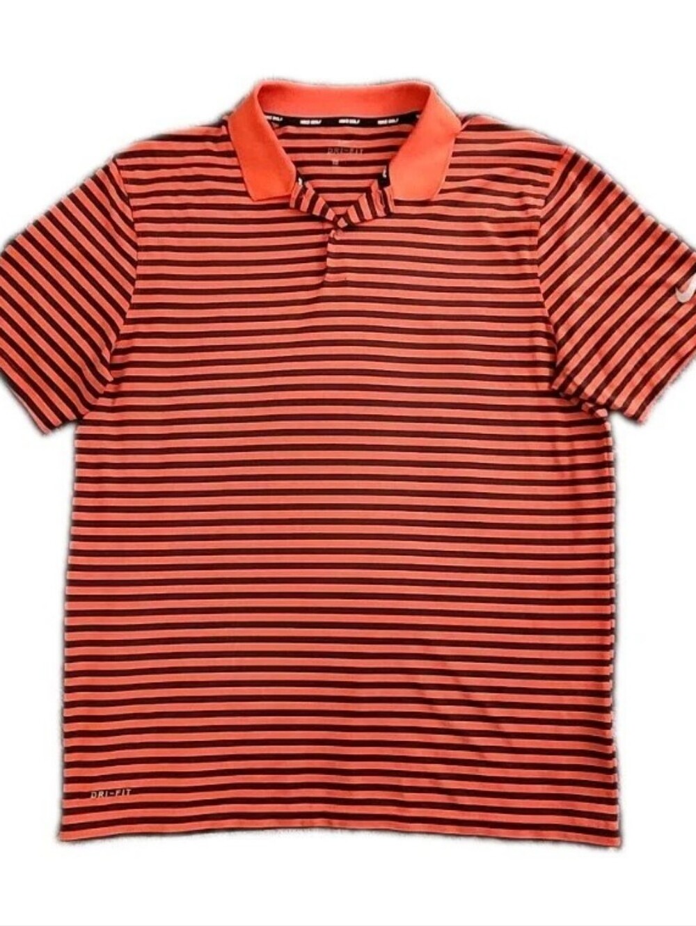 Nike Dri-Fit Mens L Golf Polo Shirt Orange Black Striped Short Sleeve
